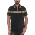 WEIV black designer polo button down shirt with gold geometric pattern and lion emblem