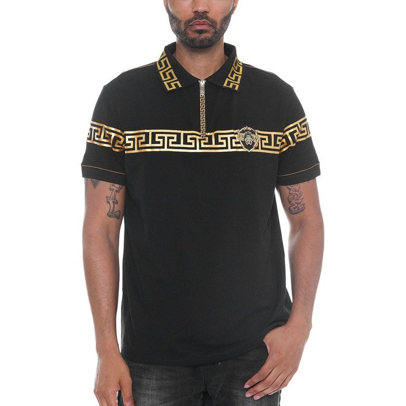 WEIV black designer polo button down shirt with gold geometric pattern and lion emblem