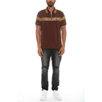 WEIV designer polo button down shirt in brown with gold Greek key pattern worn with black jeans and white sneakers