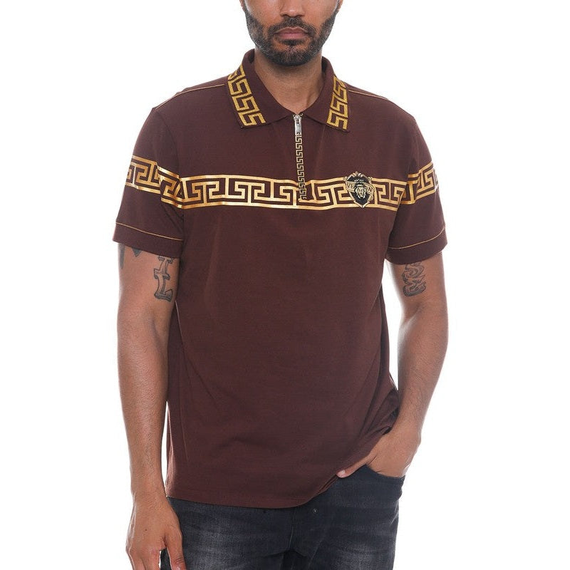 WEIV brown designer polo button down shirt with gold geometric pattern and medallion emblem
