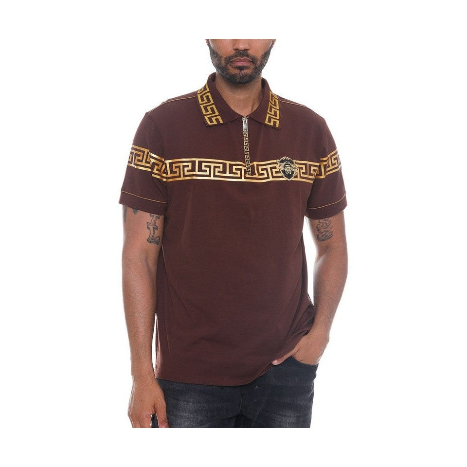 WEIV brown designer polo button down shirt with gold geometric pattern and medallion emblem