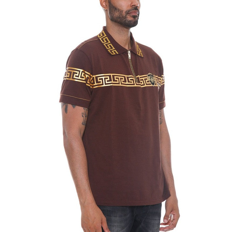 WEIV brown designer polo button down shirt with gold patterned collar and chest stripe