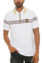 WEIV white designer polo button down shirt with gold and brown geometric pattern and emblem