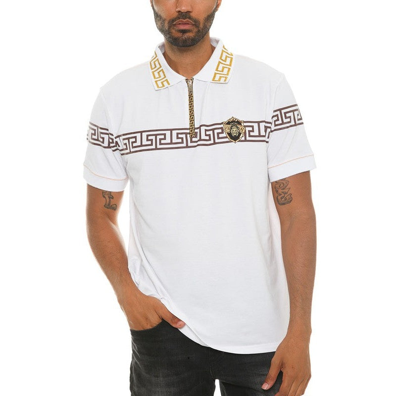 WEIV white designer polo button down shirt with gold and brown geometric pattern and emblem