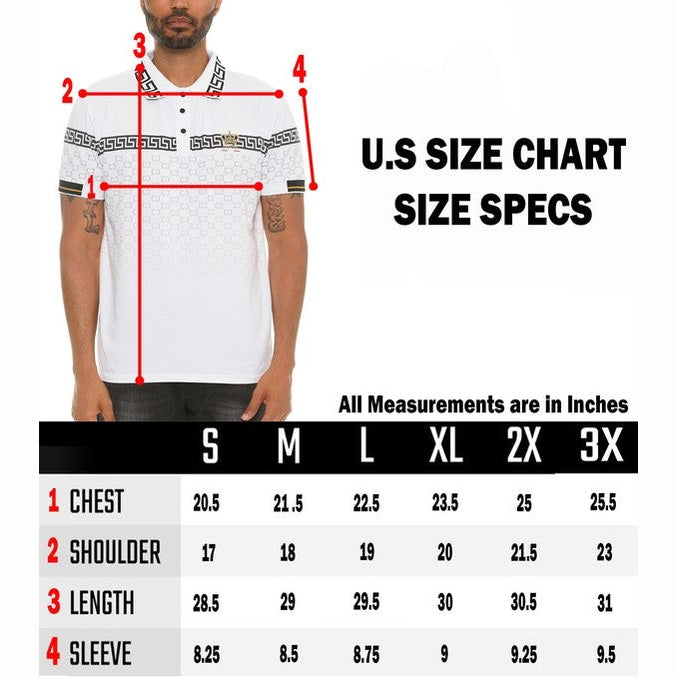 WEIV designer polo button down shirt size chart showing chest shoulder length and sleeve measurements in inches