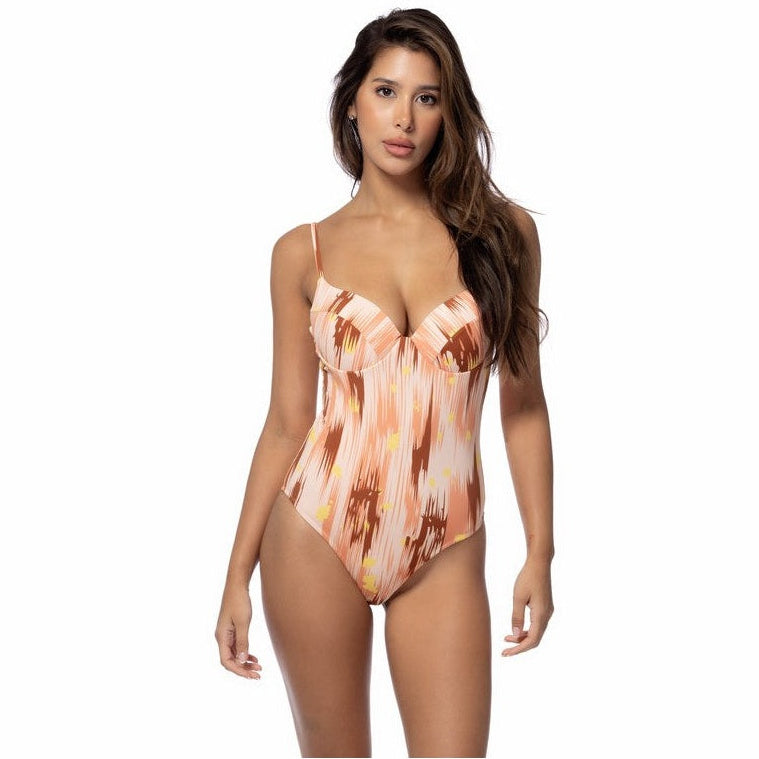 Beach Joy Bikini women's 1PC designer print swimsuit for women in brown and peach tones
