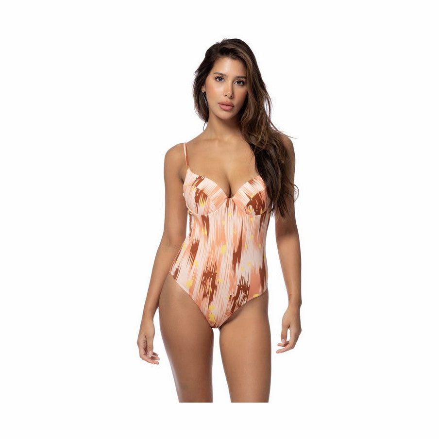 Beach Joy Bikini women's 1PC designer print swimsuit for women in brown and peach tones