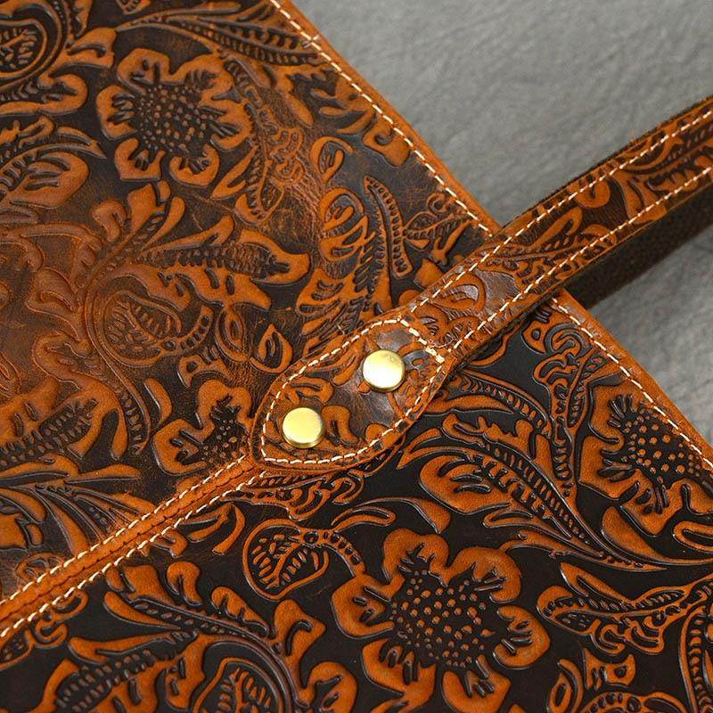 Intricate design of a VacationGrabs designer shoulder bag for laptops featuring detailed floral embossing