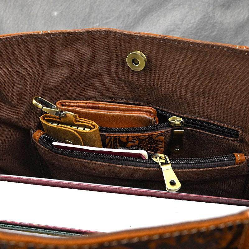 Interior of a designer shoulder bag for laptops featuring multiple pockets and compartments for organization