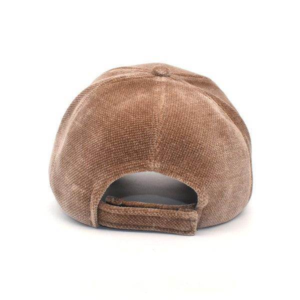 Aili's Corner designer velour caps in a soft brown color with an adjustable back strap