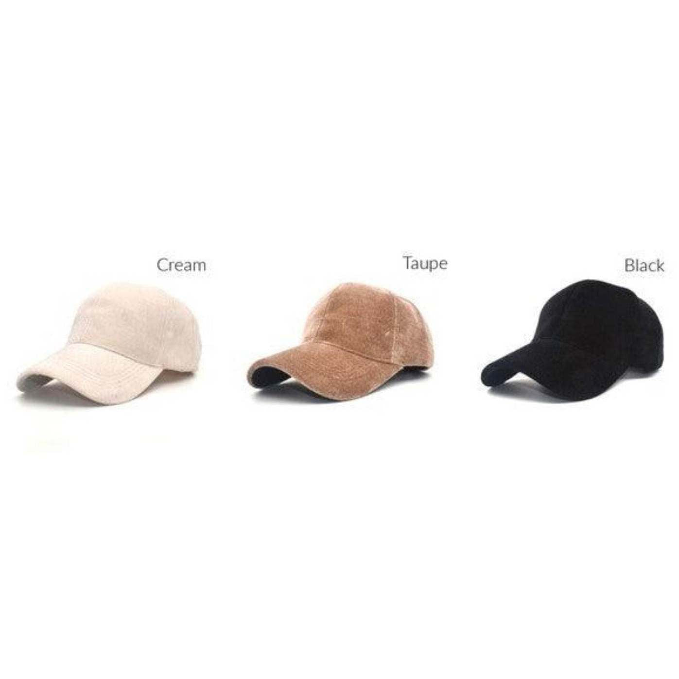 Aili's Corner designer velour caps in cream, taupe, and black for stylish women's accessories