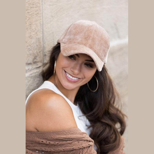 Aili's Corner designer velour caps in soft taupe, perfect for stylish casual outfits