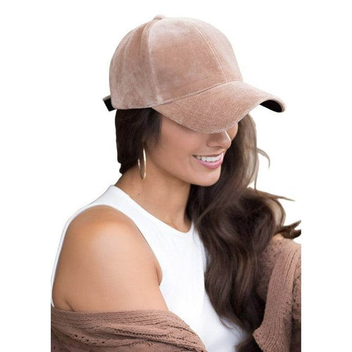 Aili's Corner designer velour caps in a soft taupe color, perfect for stylish casual outfits