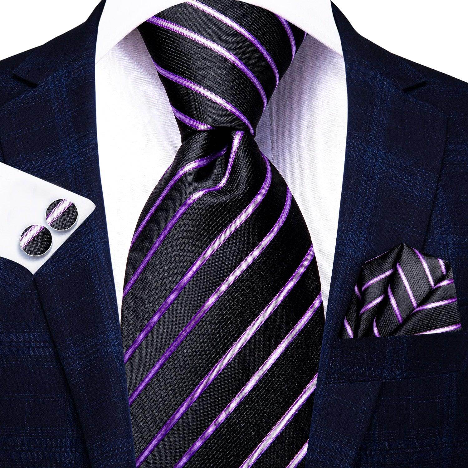 Elegant black and purple striped designer wedding ties for men, perfect for formal events