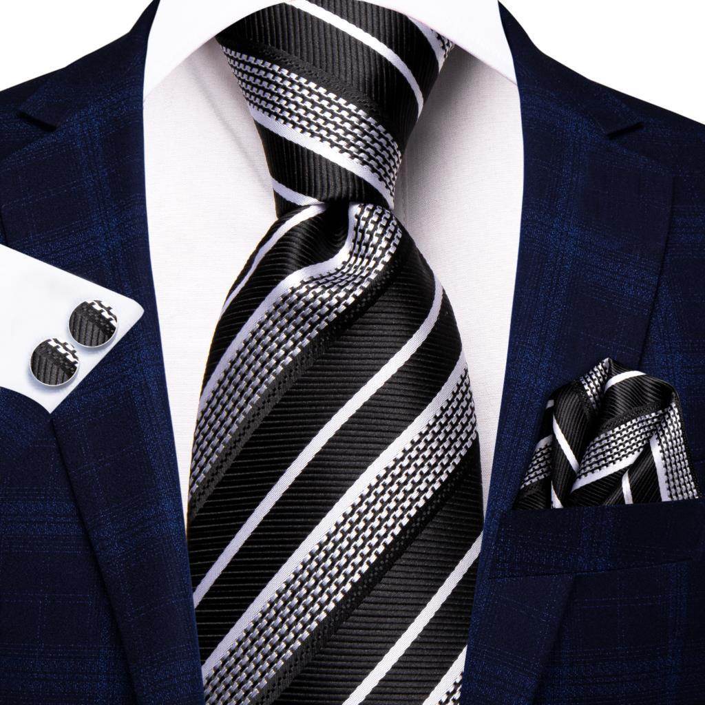 Stylish black and white striped designer wedding ties for men with matching pocket square and cufflinks