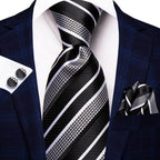 Stylish black and white striped designer wedding ties for men with matching pocket square and cufflinks