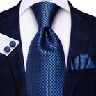 VacationGrabs designer wedding ties for men in deep blue with a textured pattern and matching pocket square