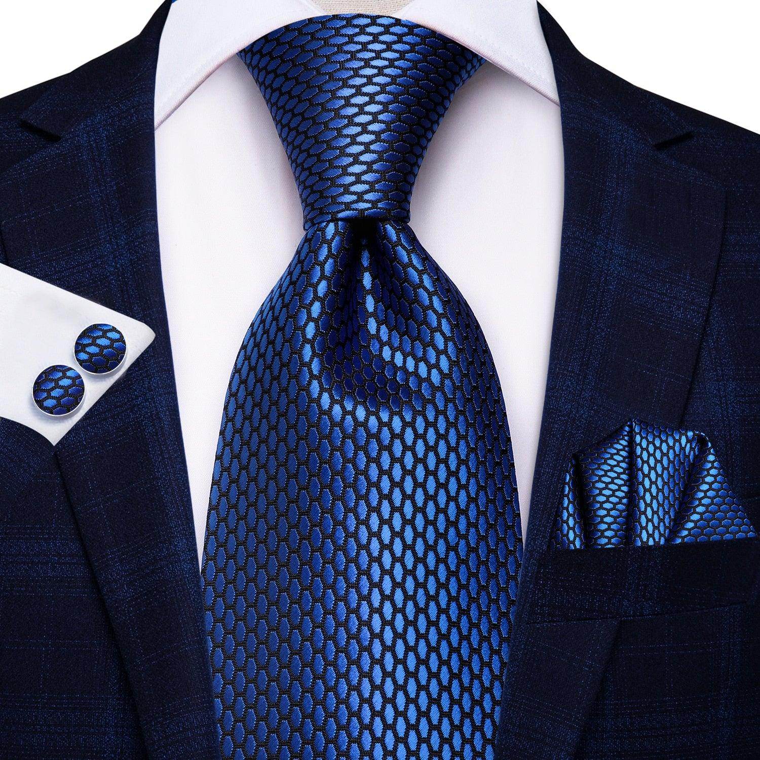 VacationGrabs designer wedding ties for men in deep blue with a textured pattern and matching pocket square