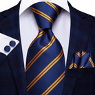 Navy Blue Designer Wedding Ties for Men with Gold Stripes and Coordinating Pocket Square