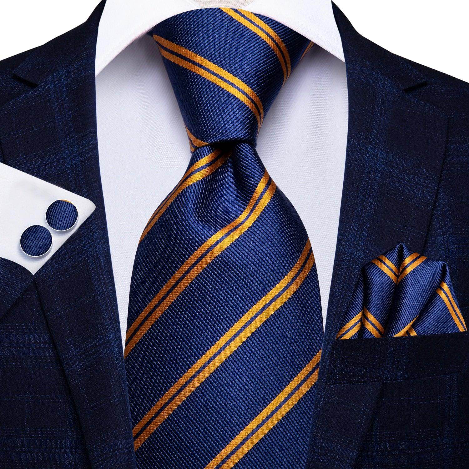 Navy Blue Designer Wedding Ties for Men with Gold Stripes and Coordinating Pocket Square