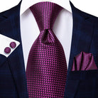 Stylish purple designer wedding ties for men with matching pocket square and cufflinks