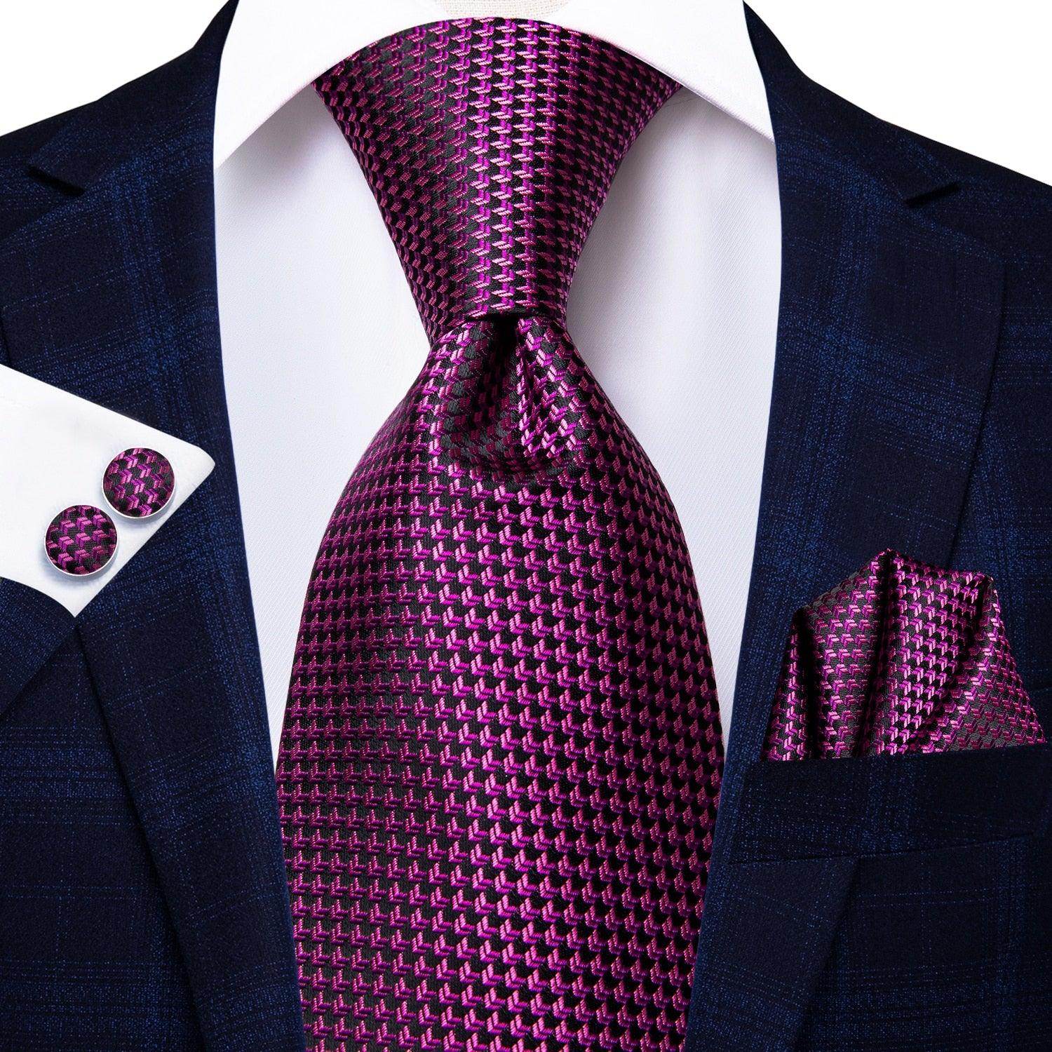 Stylish purple designer wedding ties for men with matching pocket square and cufflinks