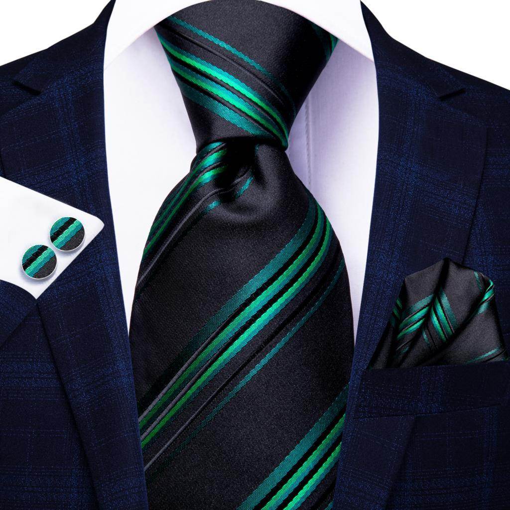 Stylish designer wedding ties for men in dark blue with green stripes, perfect for formal occasions
