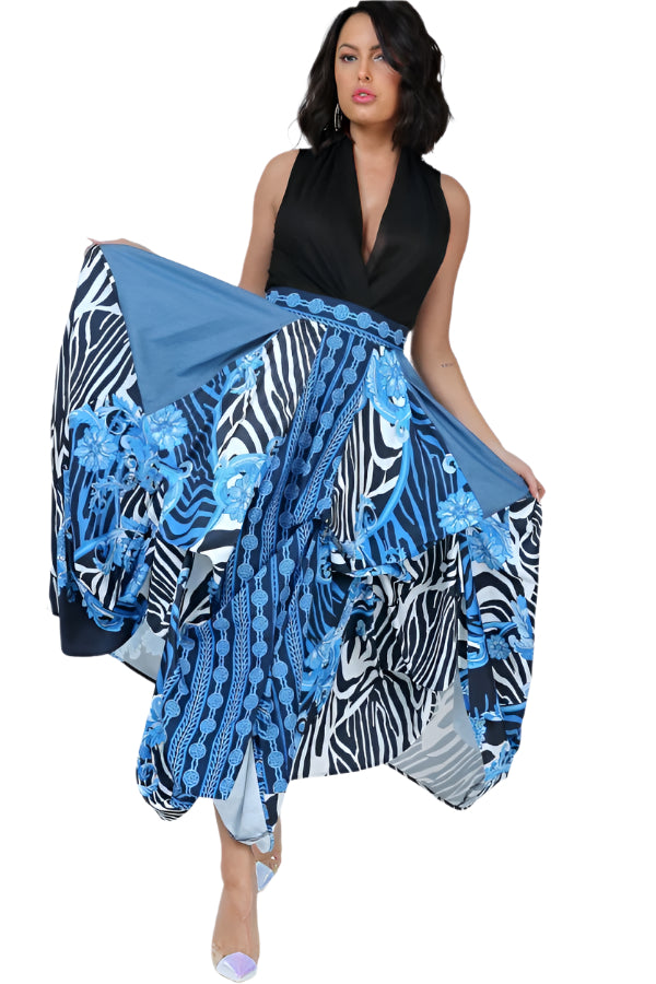 VacationGrabs womens vacation maxi skirt with blue and black floral zebra print design