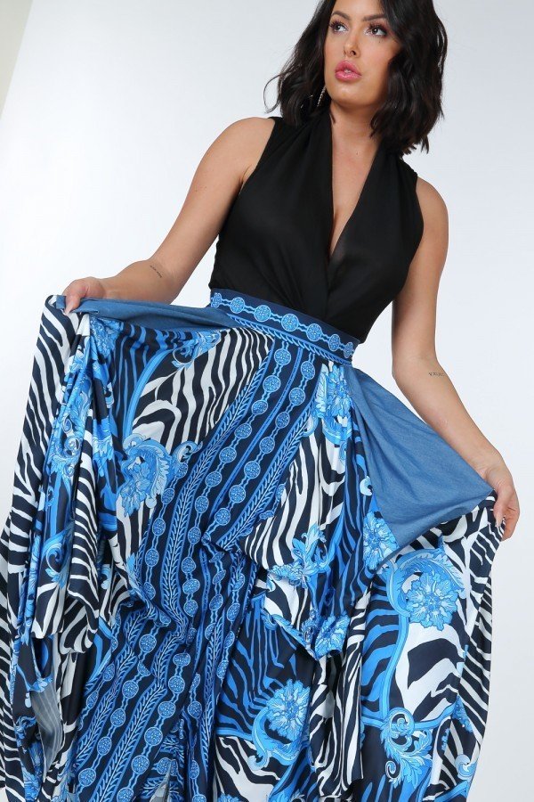 Womens vacation maxi skirt by VacationGrabs featuring vibrant blue floral and zebra print patterns