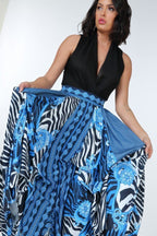 Womens vacation maxi skirt by VacationGrabs featuring vibrant blue floral and zebra print patterns