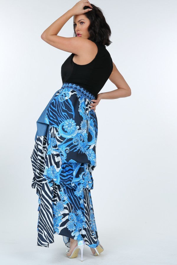 Womens vacation maxi skirt by VacationGrabs with blue floral and zebra print worn with black sleeveless top