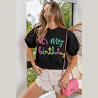 Birthday Metallic Letter Puff Sleeve Hairy Sweater - VacationGrabs