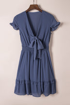 Deep V-Neck Knotted Front Layered Flare Mini Dress