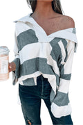 Stripe Oversized Collared Long Sleeve Top - VacationGrabs