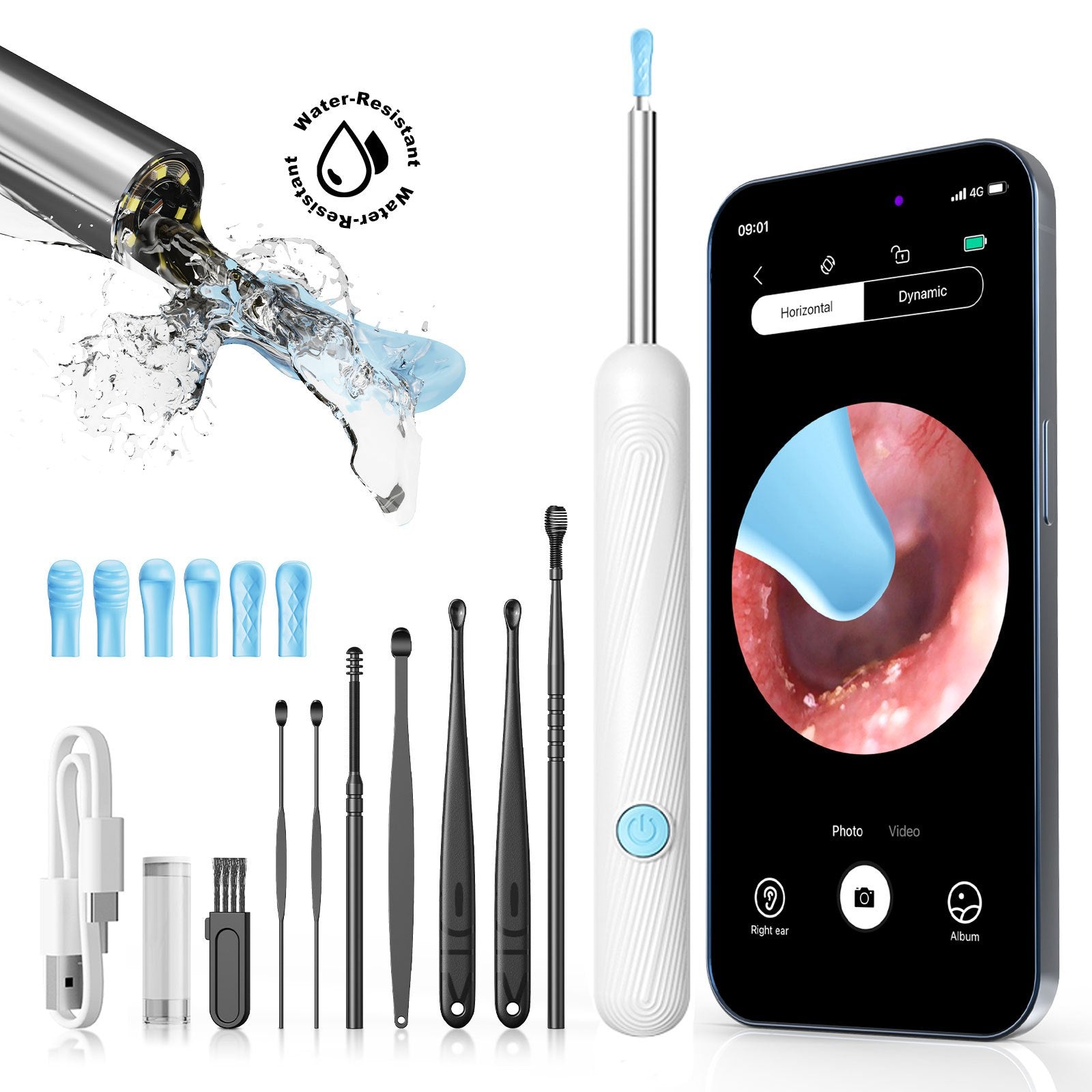 Ear wax cleaner kit with camera, LED light, and multiple tips