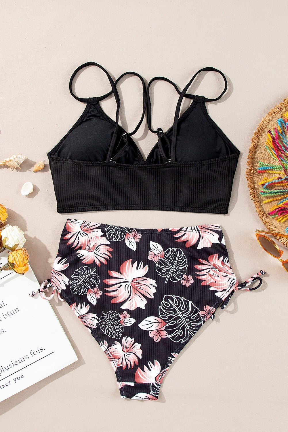Maillot de bain bikini taille haute côtelé colorblock tropical