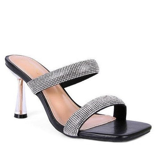 Rag Company diamante slide sandals in black with stylish rhinestone straps and clear heels