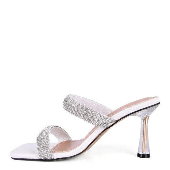 Elegant diamante slide sandals with stylish straps and a chic high heel for women's fashion