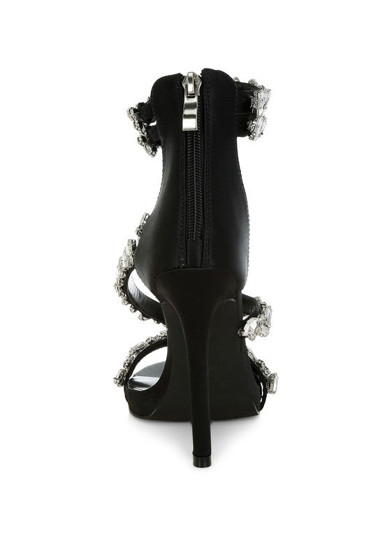 Women's black diamante stiletto heel sandals, perfect for evening events