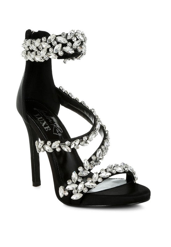 Women's black diamante stiletto heel sandals for elegant occasions