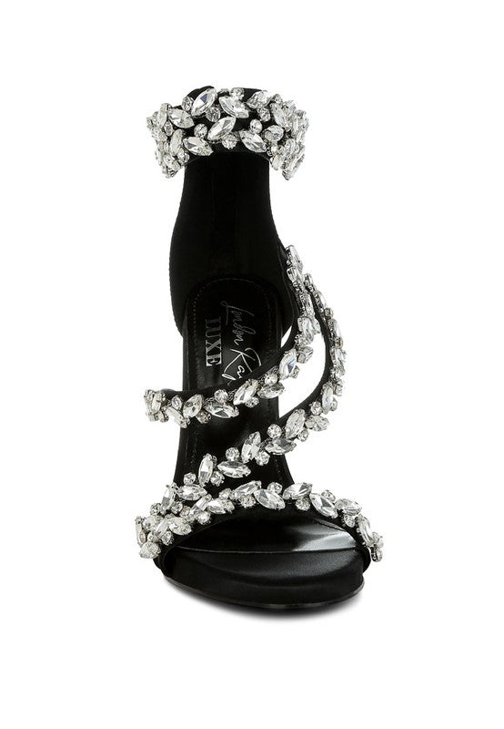 Women's black diamante stiletto heel sandals for glamorous occasions