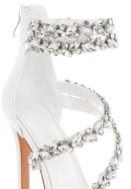 Women's white diamante stiletto heel sandals for elegant occasions