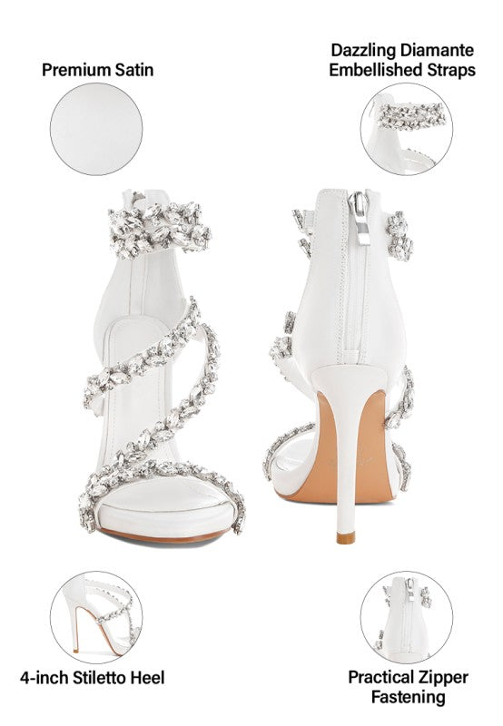 Women's diamante stiletto heel sandals in white satin, perfect for evening events