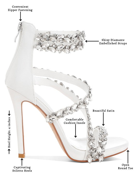 Women's white diamante stiletto heel sandals with shiny straps