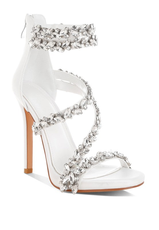 Women's diamante stiletto heel sandals, white, perfect for evening events
