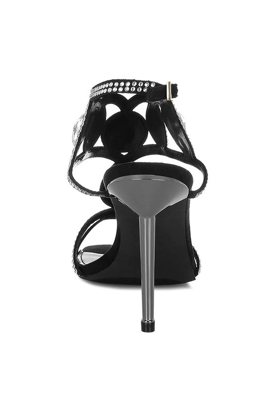 Black diamante stiletto sandals for women with stylish buckle