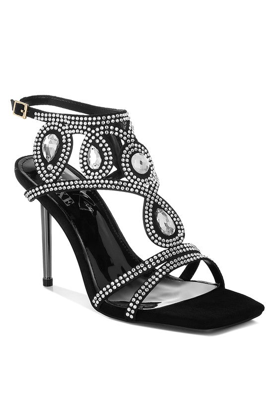 Black diamante stiletto sandals for women, stylish evening footwear