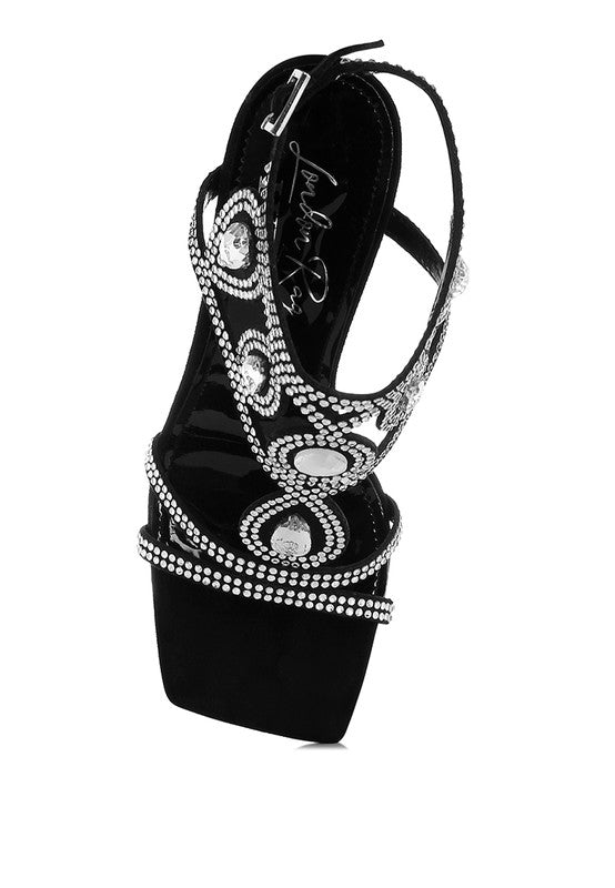 Black diamante stiletto sandals for women with sparkling embellishments