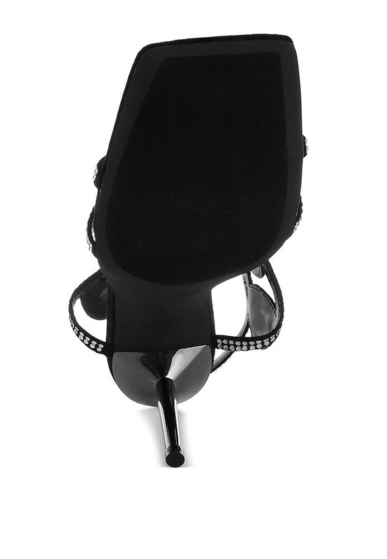 Black diamante stiletto sandals for women, perfect for evening events