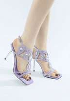 Purple diamante stiletto sandals for women, perfect for evening wear